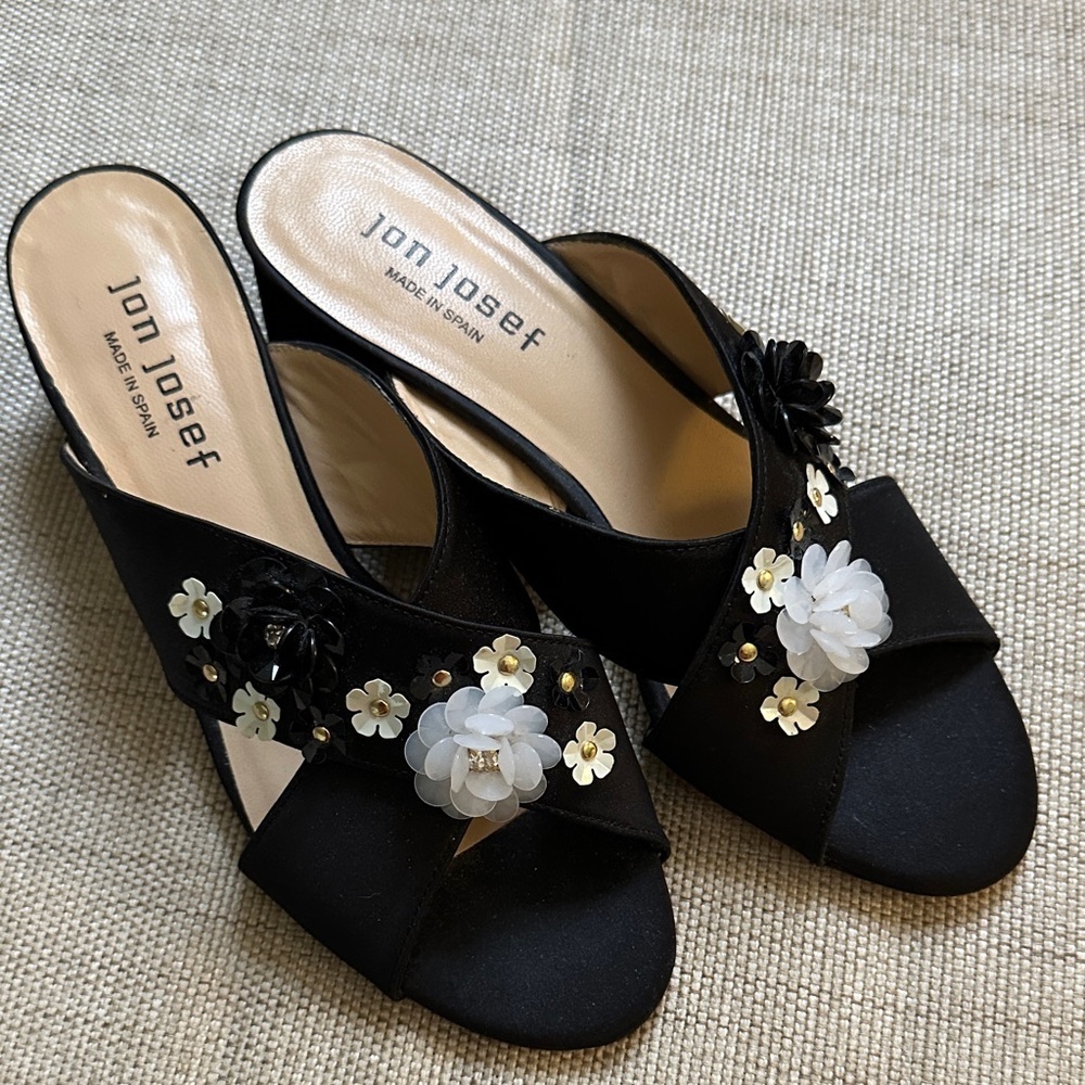 Jon Josef Satin Criss-Cross Floral Beaded Slip On Mule Open Toe Heels Leather